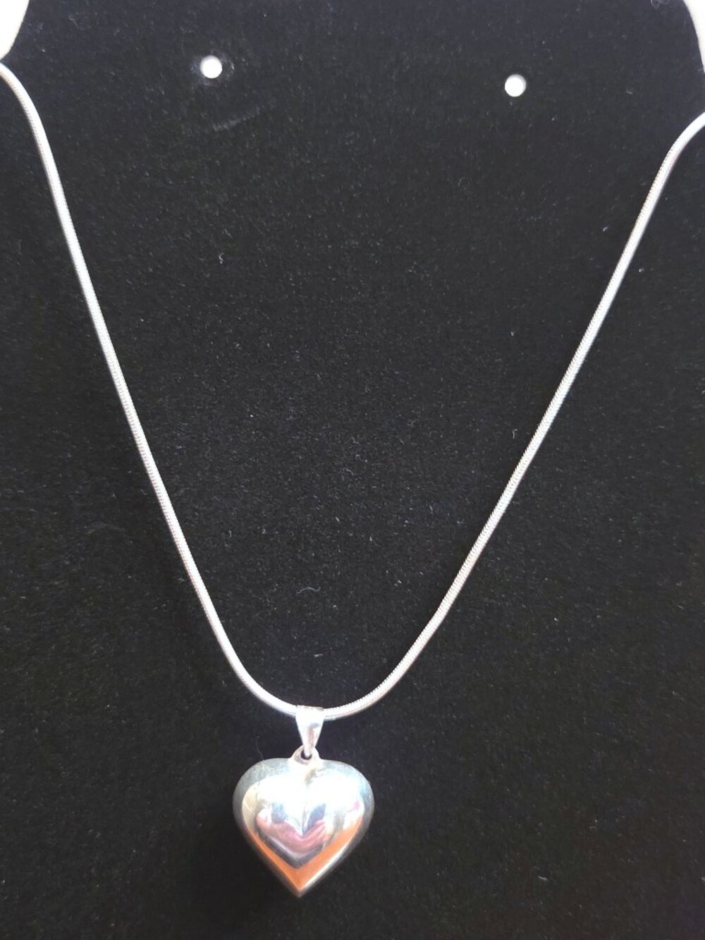 Vintage 925 Sterling Silver Puffed Heart Pendant on 30” Long Snake Chain - EUC